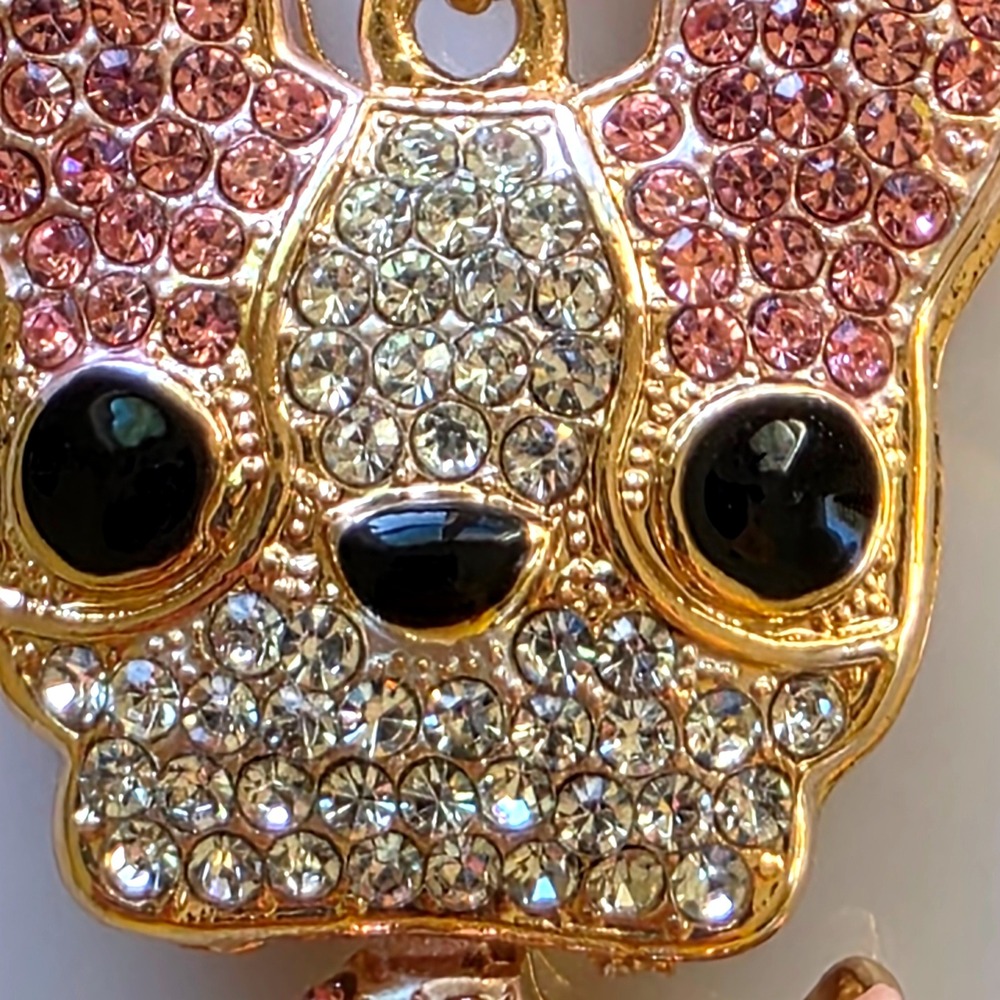 Betsey Johnson Rhinestone Dog Pendant Necklace Pink White Gold Tone Chain - Picture 3 of 9